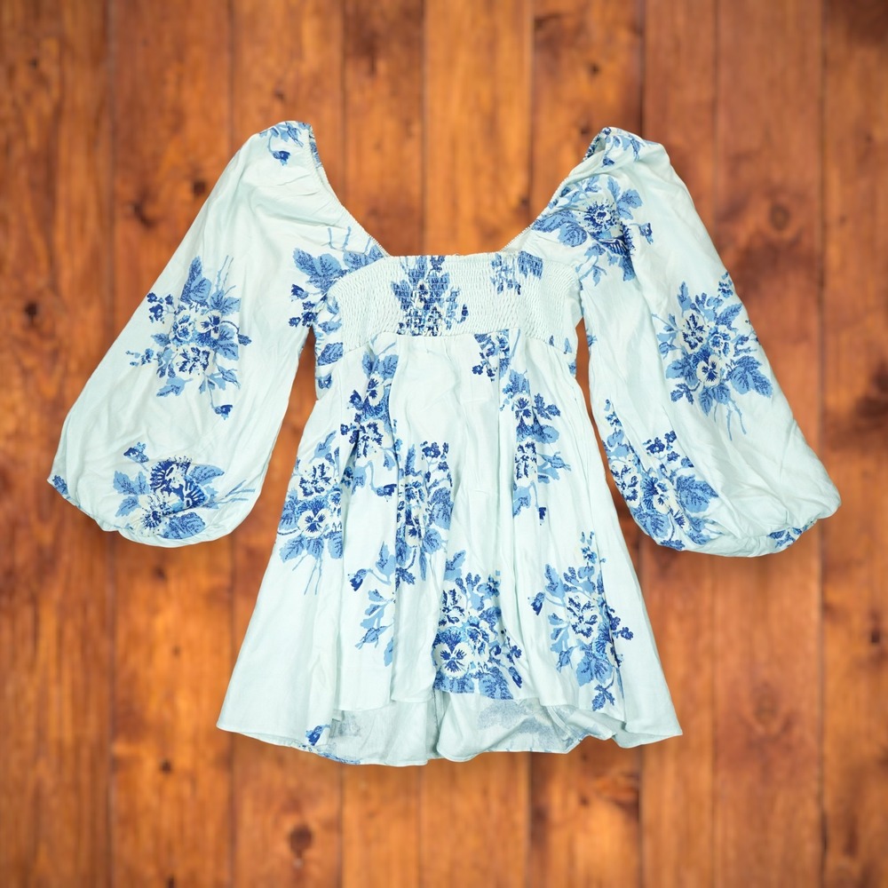 Free People‎ Francesca Mini Dress Floral Pattern Medium Balloon Sleeves EUC - Picture 2 of 12